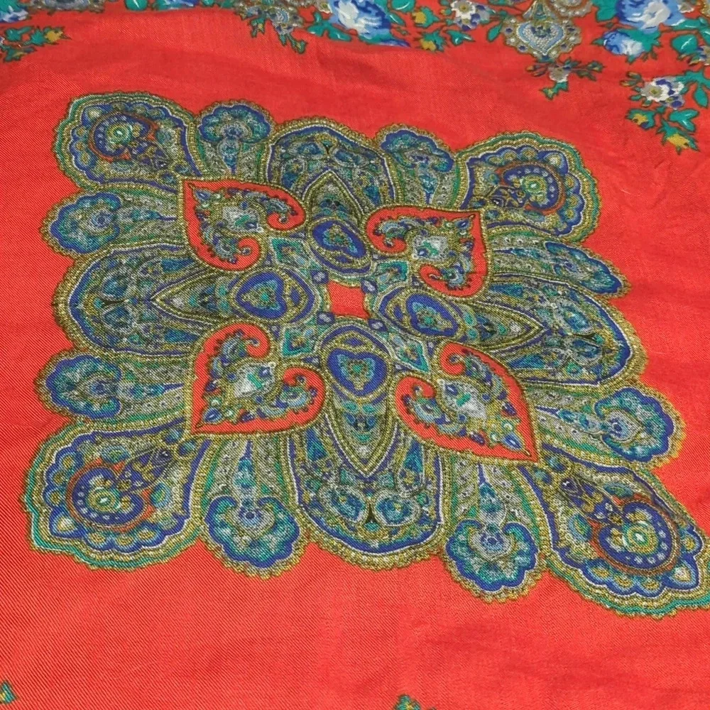 Red with blue and green Paisley floral scarf - Picture 2 of 3